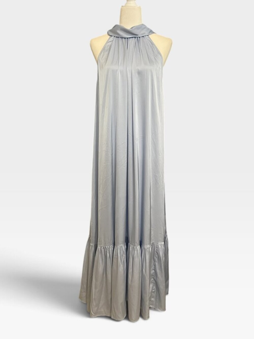 o.p.t Satin Halter Maxi Dress M Baby Blue Tie Back Ruffle Hem Resort Coastal